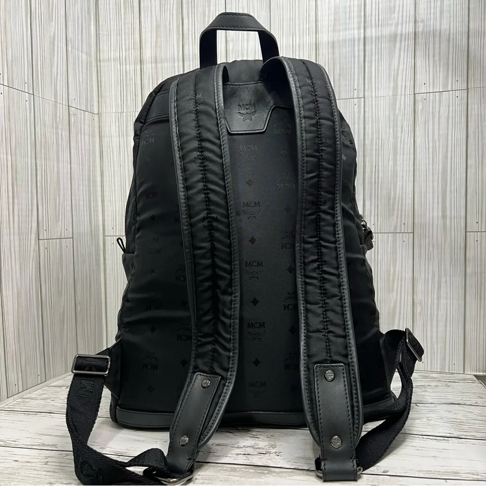 MCM Stark Backpack Black Nylon Logo Print Medium Unisex Designer Travel Bag
